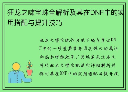 狂龙之啸宝珠全解析及其在DNF中的实用搭配与提升技巧